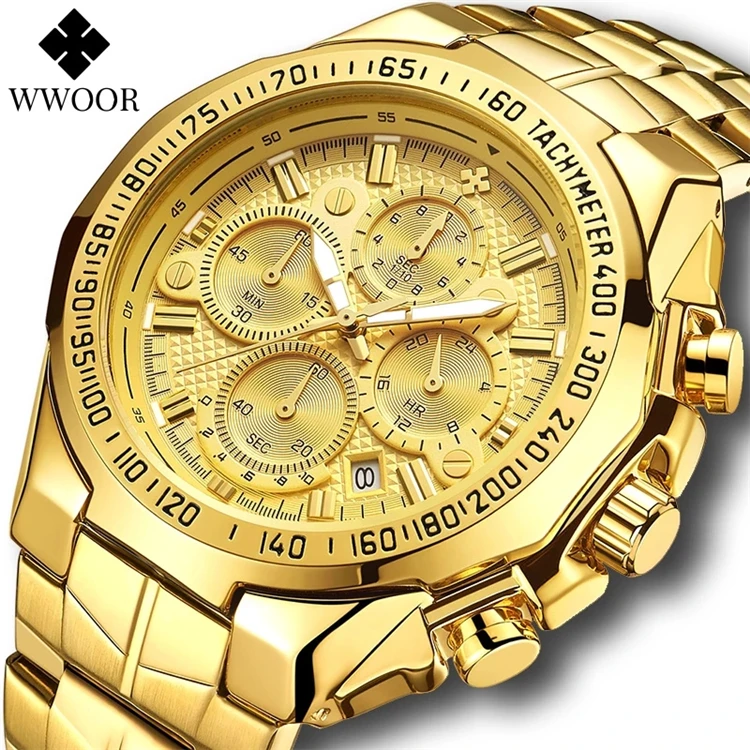 

WWOOR Watches Men Top Brand Sport Chronograph Big Men Watch Luxury Gold Full Steel Quartz Wrist Watch Man 8868 Relogio Masculino