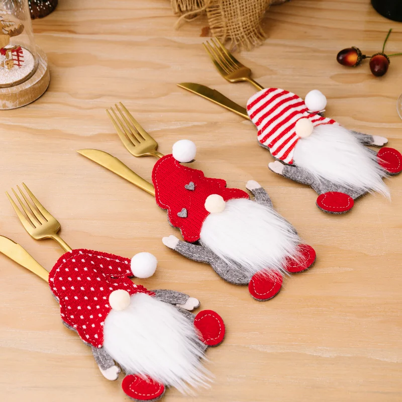 

2023 New Design Christmas Gnome Shaped Cutlery Storage Bag Felt Knife Fork Holder for Table Decoration