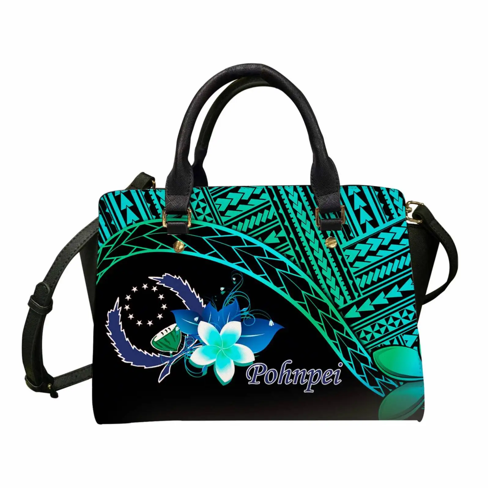 

Pohnpei Plumeria And Tribal Tattoo Of Polynesian Printed Hhandbags for Women Luxury Leather Satchel Purse Shoulder Bag Turquoise, Accept custom made