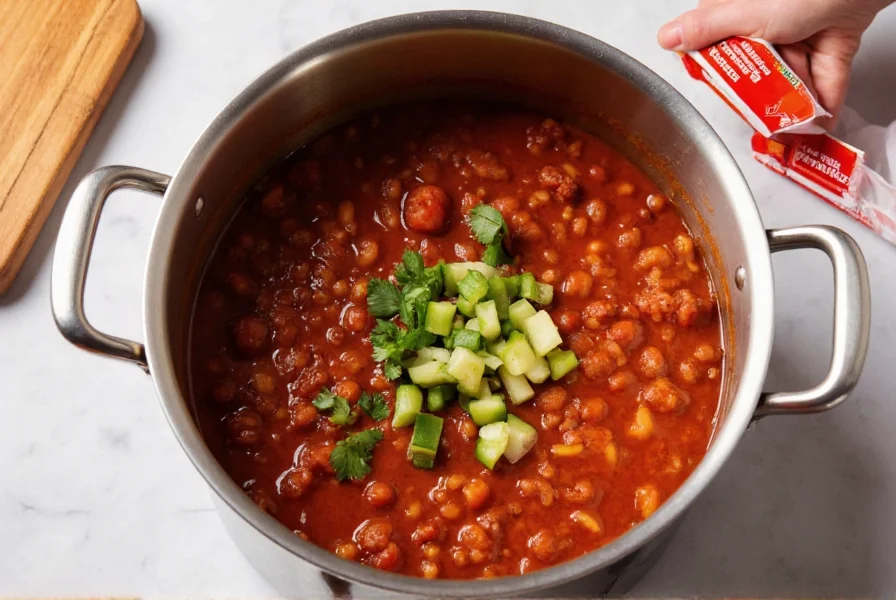 Chef adding fresh ingredients to pot of chili with seasoning packets nearby