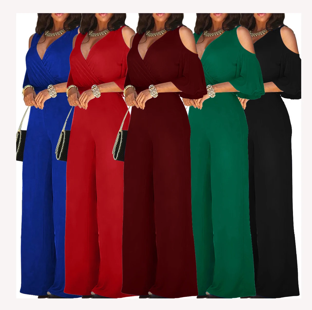 

Loyakuu 5 colors v neck cut out sleeve design one piece jumpsuit woman