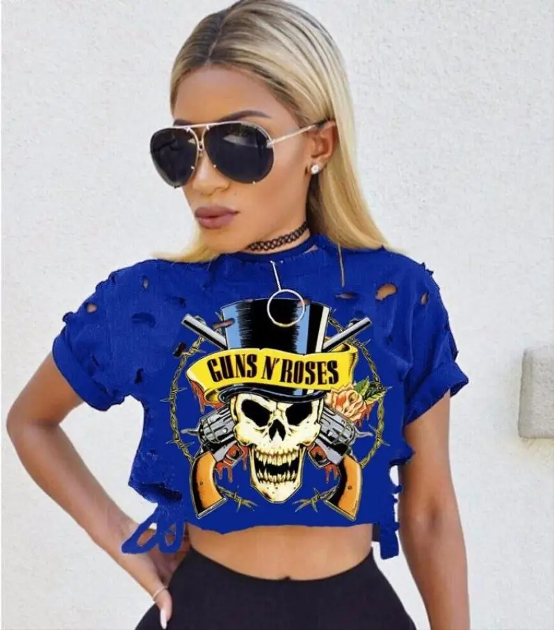 

Sexy Crop Top Hole 2018 GUNS N ROSES Top Women Tee Shirt Tees Femme Short Shirt Manga from the Summer Fashion Women's Tops Shirt