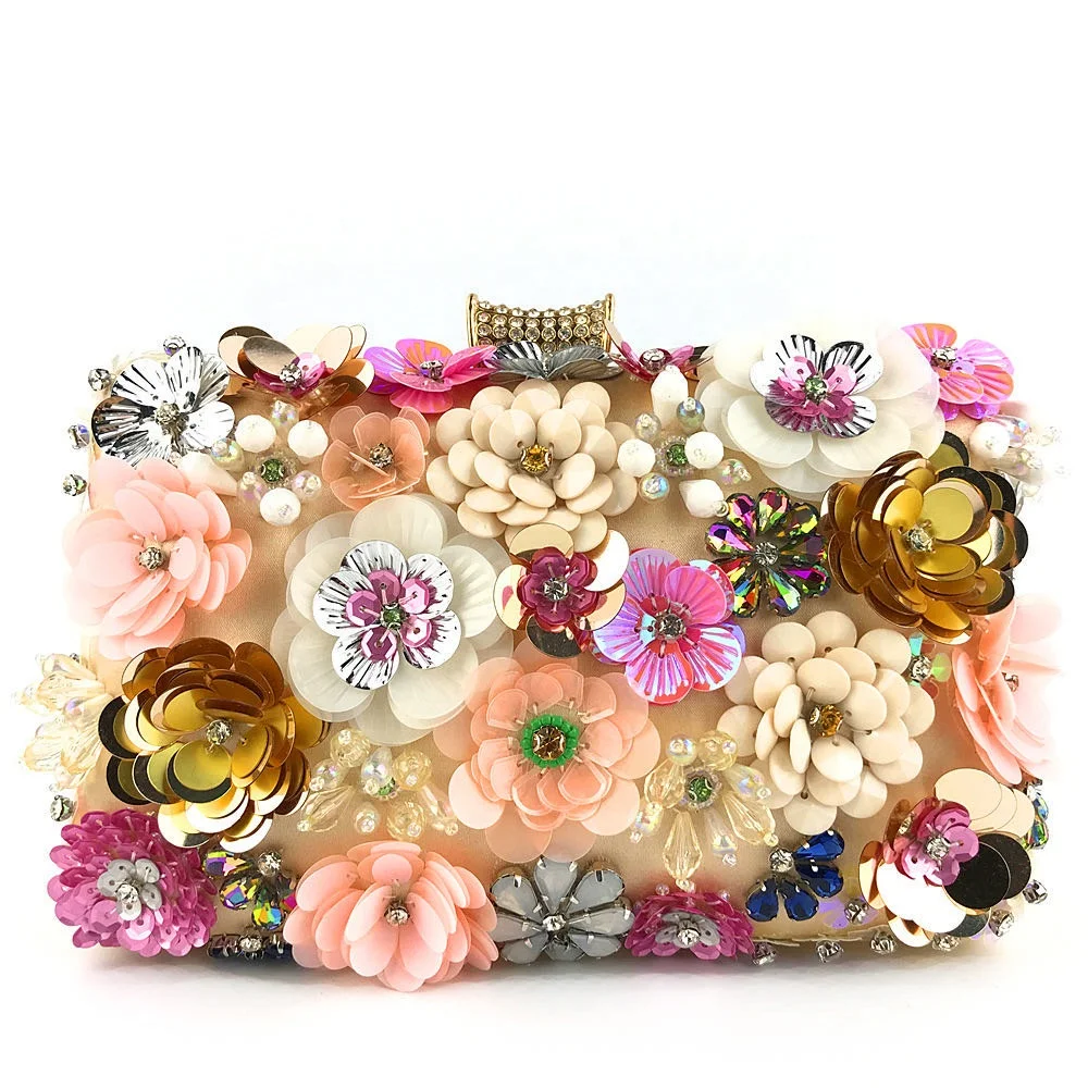 

Luxury Handmade Sequin and beaded flower crystal ladies clutch bag clutches evening bag, As images