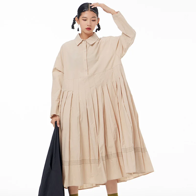

Plus Size Women's Casaul Dresses 2022 Spring New FASHION Pleated Skirt Solid Color Look Thin Elegant Look Thin Dress 65659