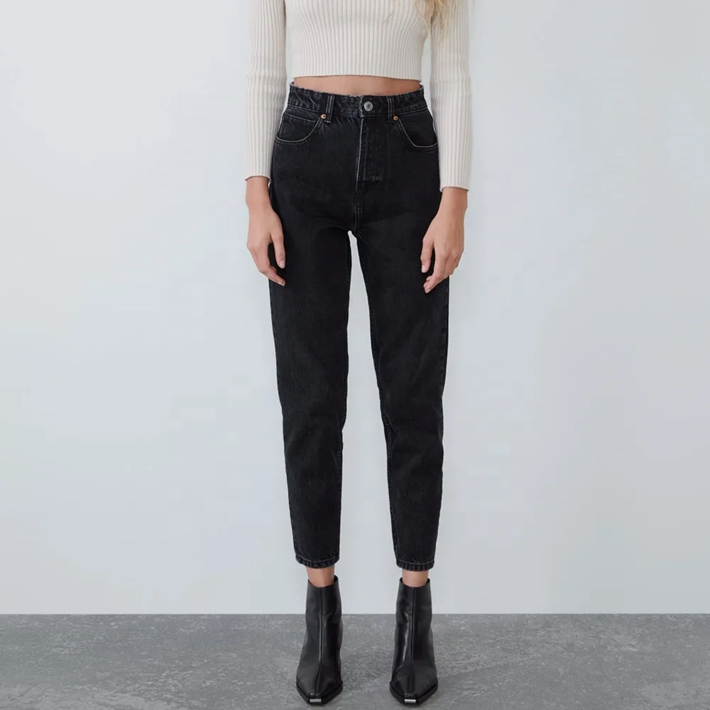 
Custom ladies crop black straight denim pants women jeans 