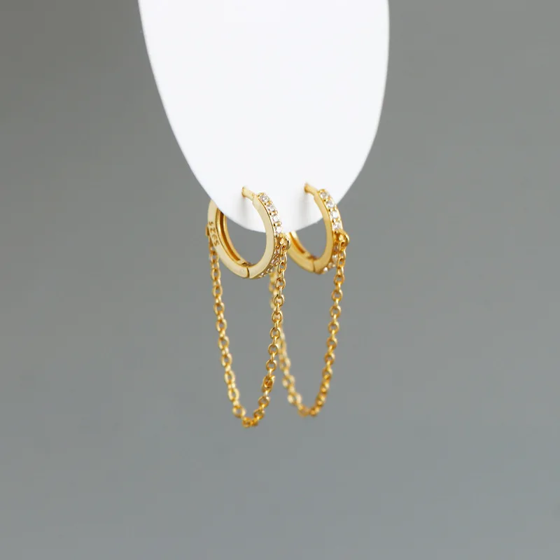 

Elegant 925 Silver Jewelry 18k Gold Plated Minimalist Line Chain Zircon Earrings, Gold/platinum