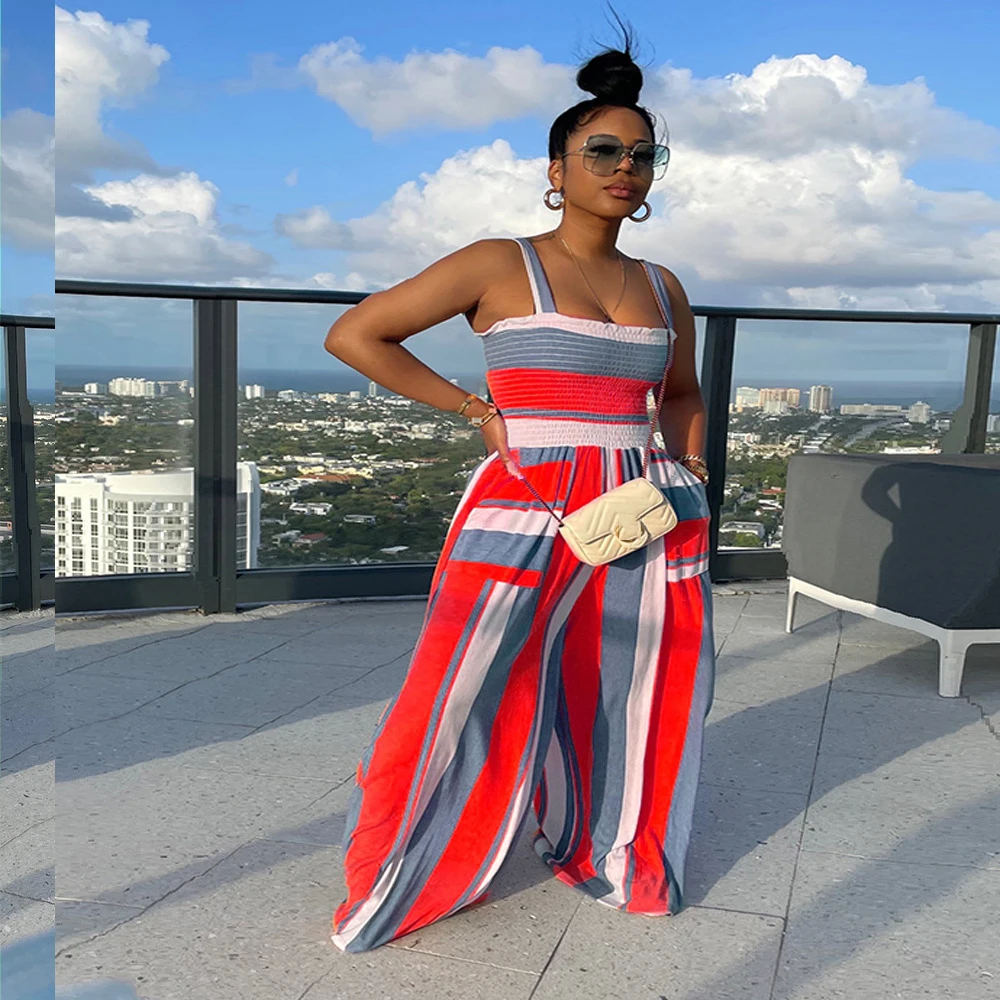 

Drop Shipping 1pcs Womens Wide Leg Jumpsuites Wholesale 2021 Plus Size Women Bohemian Wide Leg One Piece Halter Jumpsuits Summer, 6 color