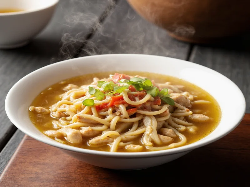 Steaming chicken noodle soup in white bowl