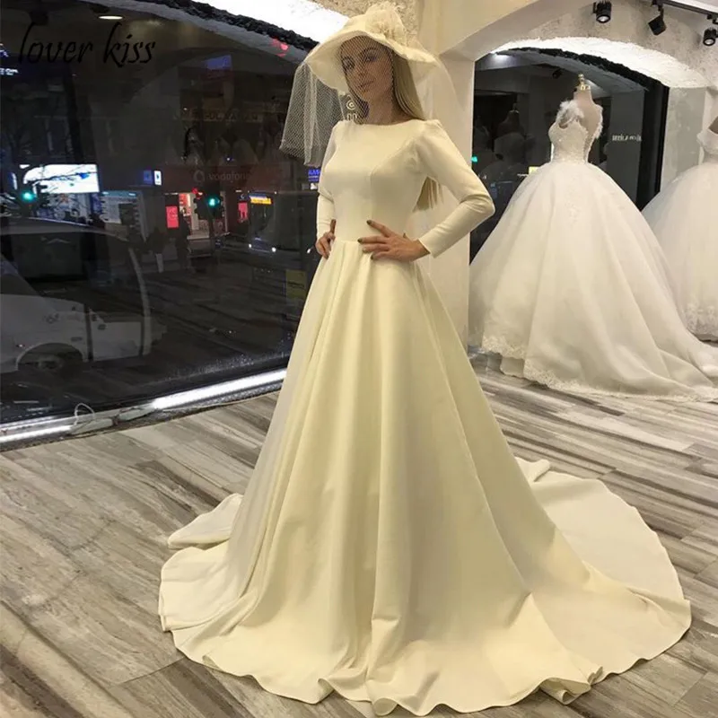 

FA227 Vestido De Noiva Satin Wedding Dresses Muslim Long Sleeves O-Neck A-Line Arabic Bridal Gowns Robe de Mariage, Default or custom