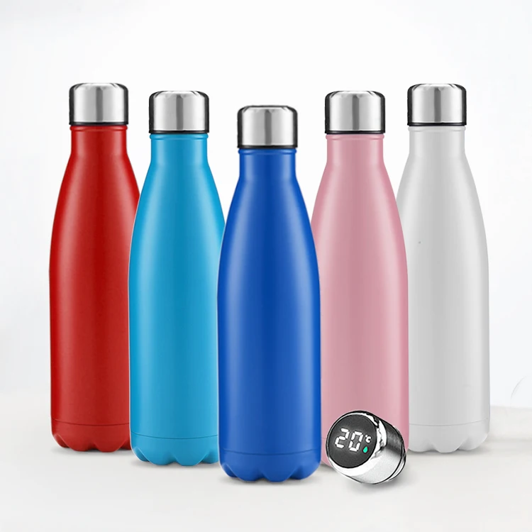 

500ml Blue Vacuum Insulated Double Walled Stainless Steel Cola Shape Water Bottle with Smart Lid Led Temperature Display, Customized color