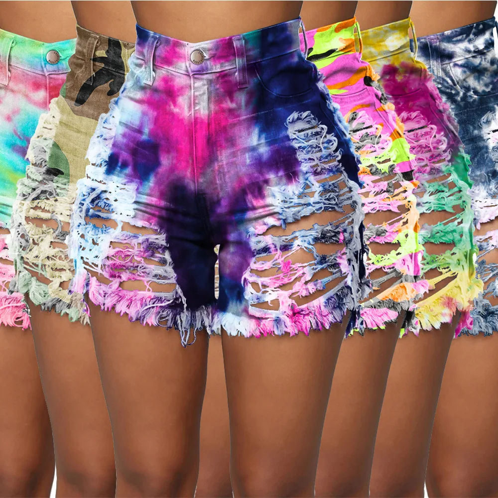 

women tie dye hollow out denim jeans shorts fashion ripped broken holes high waist women casual denim shorts, Custom choose