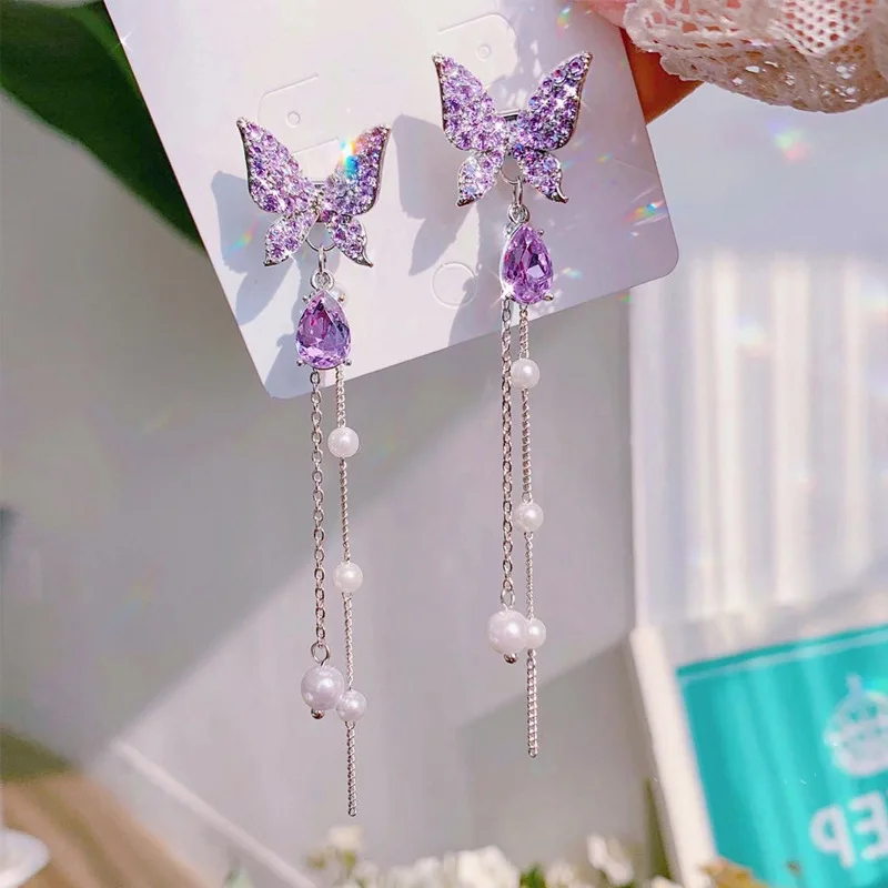 

925 Silver Drop Earrings Women 2021 Fashion Shiny Crystal Long Pearl Butterfly Earrings