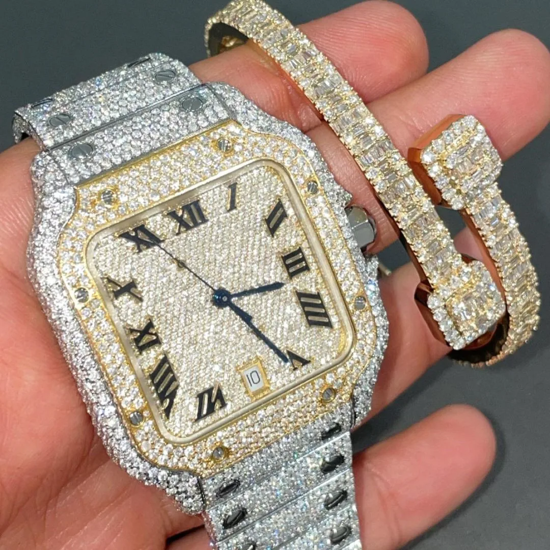 

Watch Set Luxury Quartz Watches Iced Out Cz Diamond Bracelet Mens Digital Watch Bands Jewelry, As pic