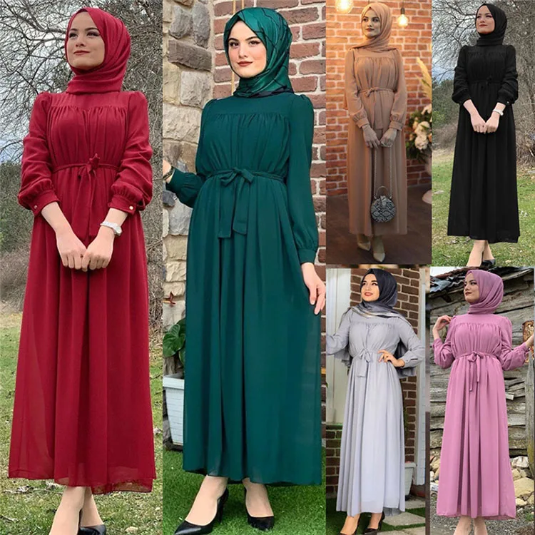 

Wholesale Arab Dubai Ramadan Robe Best Selling Islamic Clothing Pleated Chiffon Burqa Kaftan Women Long Maxi Dress Abaya, 6 colors in stock accepted customzied design