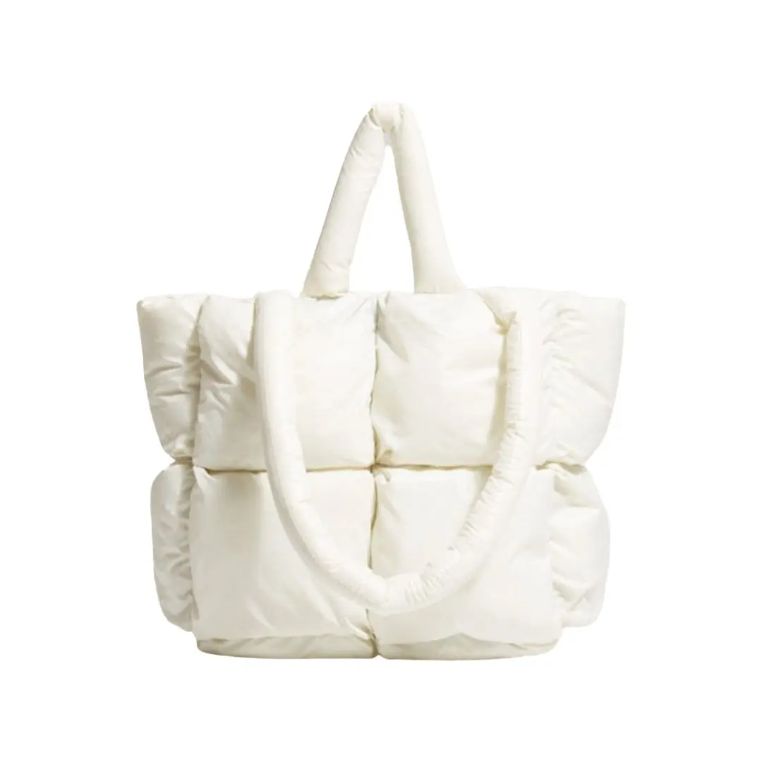 

White Puffer Tote Bag for Women Quilted Puffy Handbag Light Winter Down Cotton Padded Shoulder Bag Down Padding Tote Bag