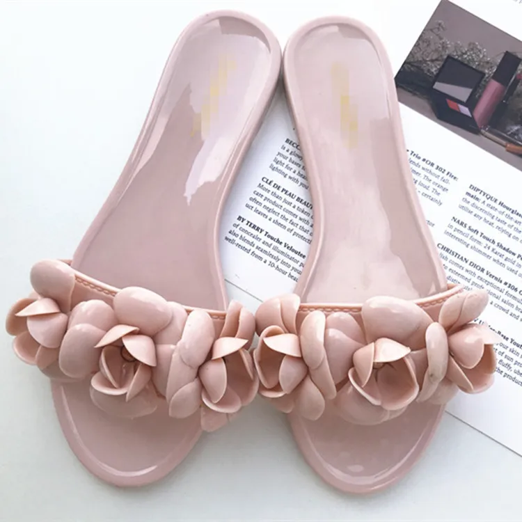 

Summer beach women flat sandals plastic fish mouth flat heel slippers camellia flower PVC jelly shoes