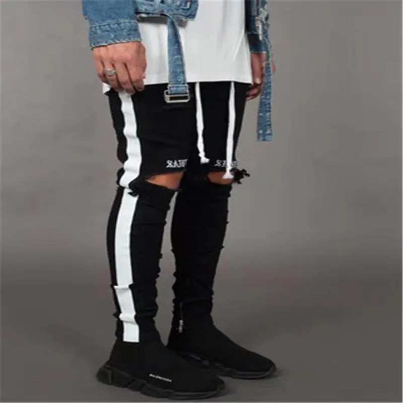 

men's casual denim pants male zipper washed Men's Painted Skinny Slim Fit Knee hole High Quality Fashion Pants, Customized color