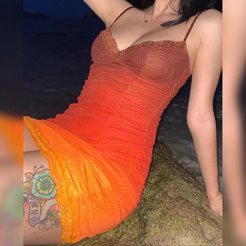 

2021 new tie dye lace splicing sexy bodycon Sleeveless slip dress, Picture shows