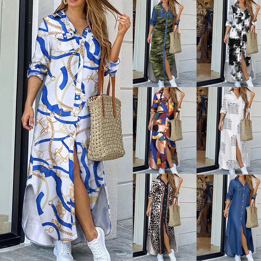 

Elegant Letter Print Women Loose Dress Shirt Spring Summer Long Sleeve Maxi Casual Dress Female Button Split Party Dress