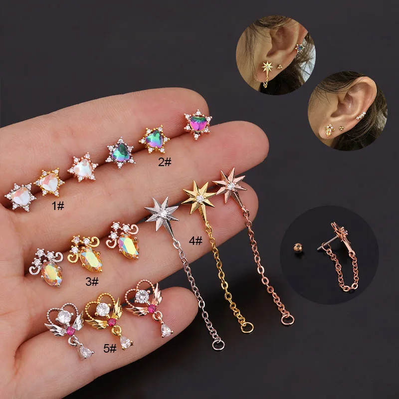 

Stainless Steel Piercing earrings Flower stud screw perforated earring and Colors CZ stone long chain ring