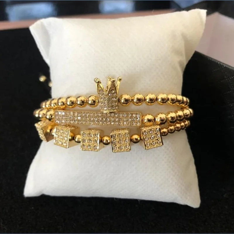 

Newest Women Men's Gold Plated Copper Beads Cube Charm Adjustable Macrame Bangles Luxury King Crown Bar Zircon Bracelet 3Pcs/Set, Glod,silver,rose gold,black