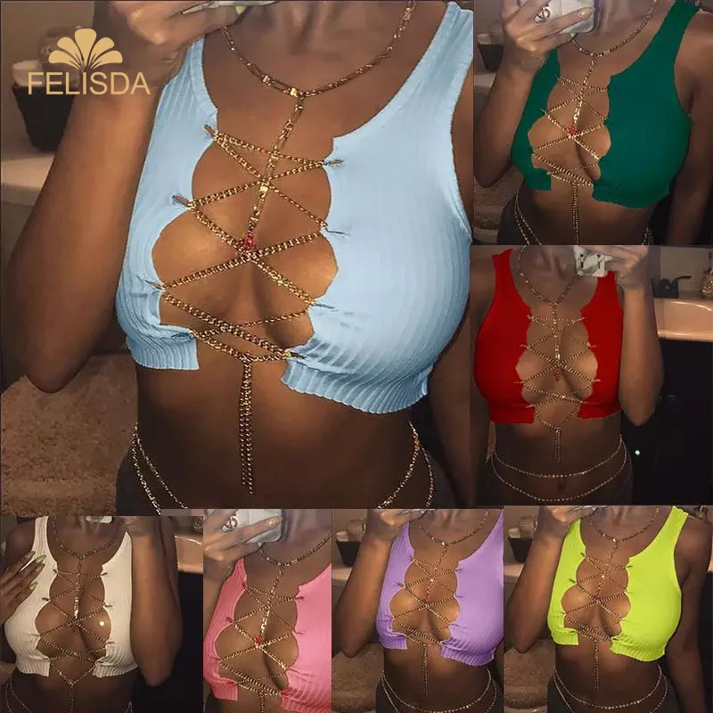 

2020 New Red Black White Sleeveless Chain Crop Top Sexy Clubwear Women Adjustable Lace Up Hollow Out Tank Tops Tees Camisoles