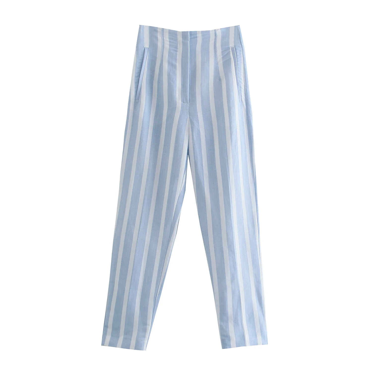 

Blue Striped Color Zipper Fly Ankle Length Women's Casual Loose Linen Cotton Pants