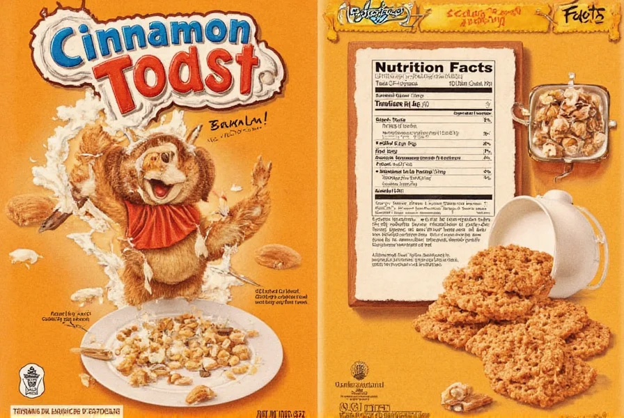 Close-up of Cinnamon Toast Crunch cereal in a bowl with milk showing the distinctive square shapes and cinnamon coating