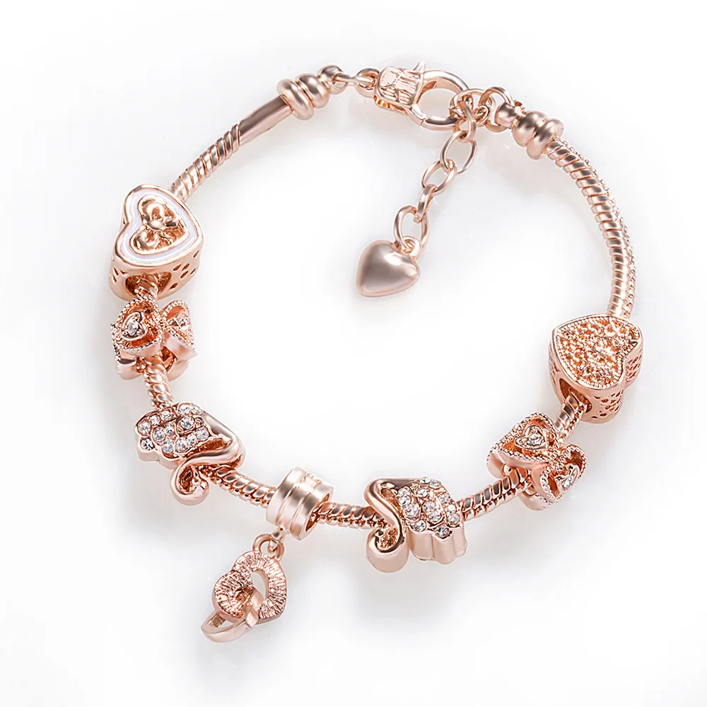 

VRIUA Zircon Swan Love Beads Rose Gold Charm For Women Pink Heart Beads Fit Original Brand Bracelets Bangles DIY Jewelry