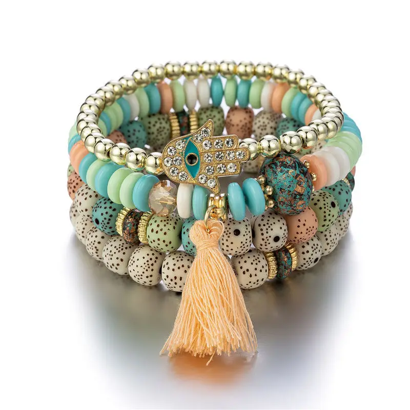 

Newest Design Fashion Geometric Turquoise Beads Tassels Bodhi Bohemia Natural Stone Bracelet For Women Girls, As picture