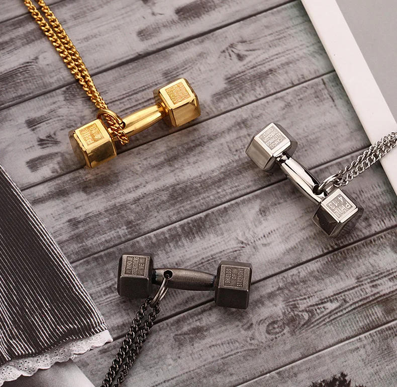 

Top Seller Gold Stainless Steel Material Fitness Barbell Dumbbell Necklace For Men Jewelry