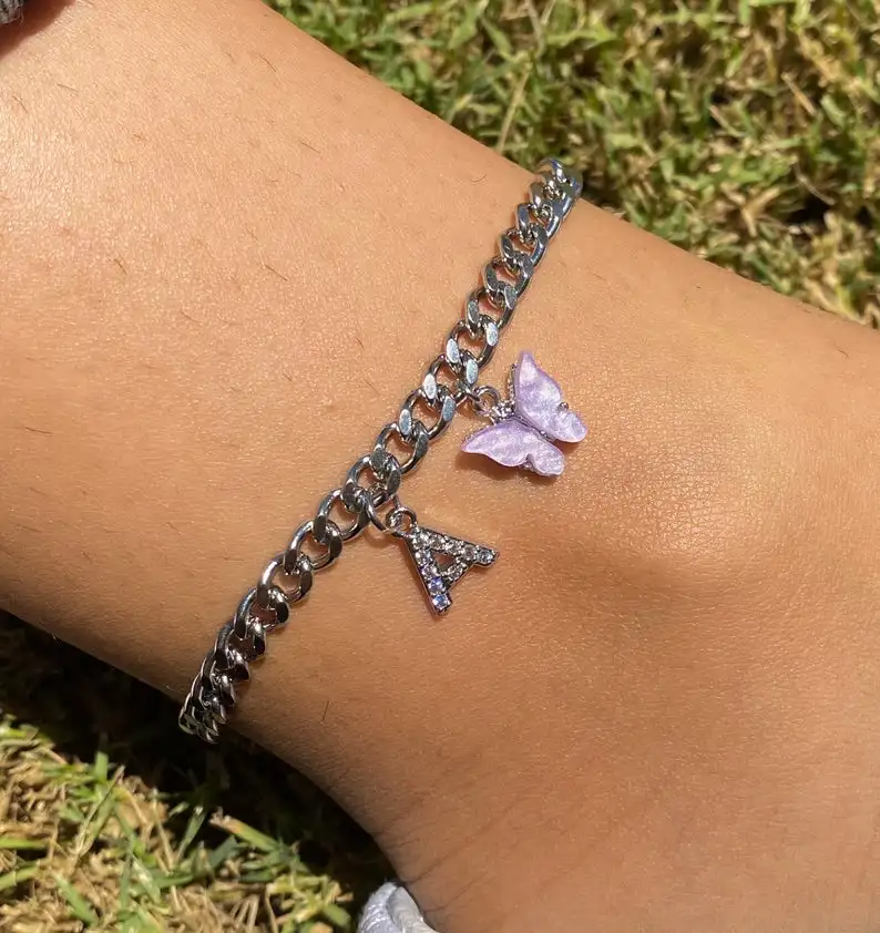 

Women Custom Birthday Stainless Steel Cubic Zirconia Initial Letter Butterfly Anklets Bracelet