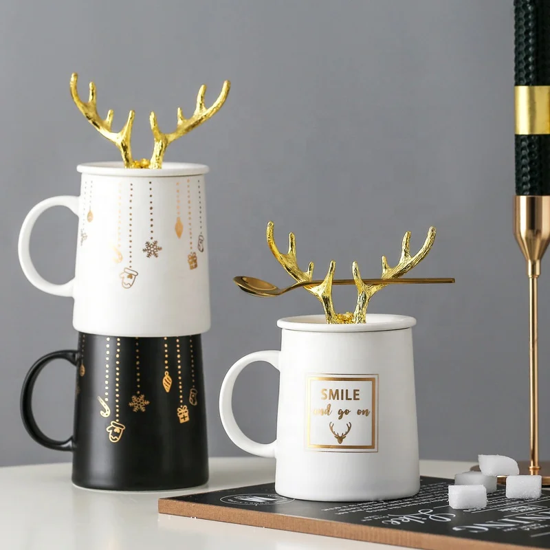 

Creative Customized Antlers White Black Christmas Gift Set Tazas Porcelain Cup Couple Coffee Ceramic Mug With Lid Spoon