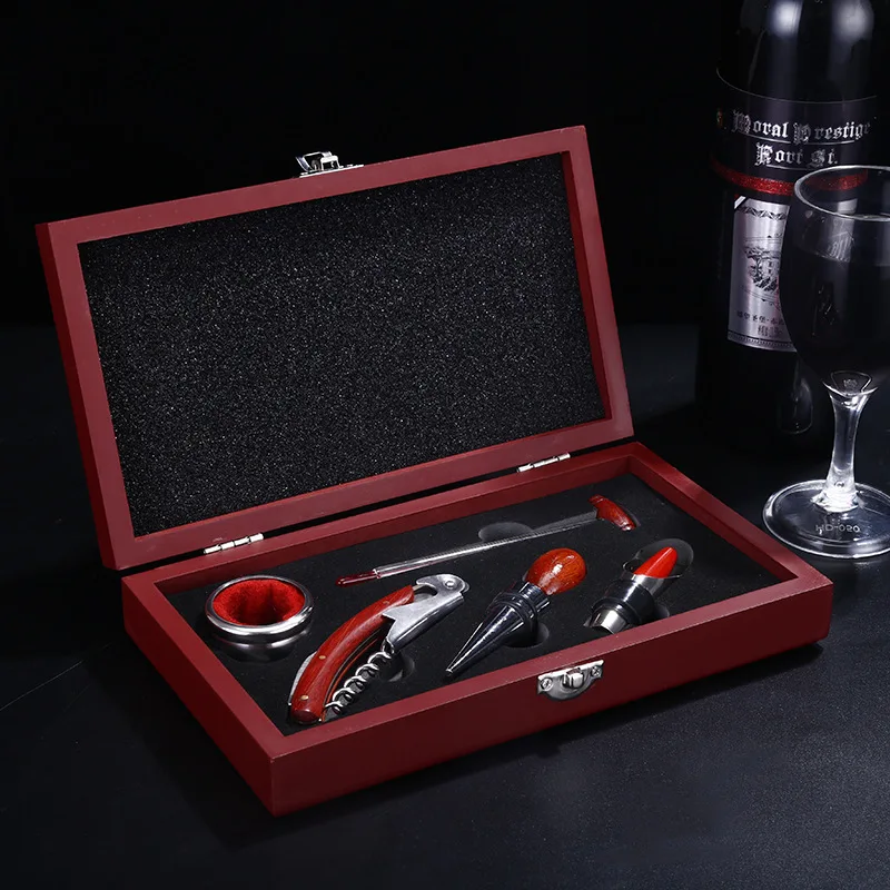 

Amazon hot sell customized red wooden luxury wine opener gift set with wine accessories
