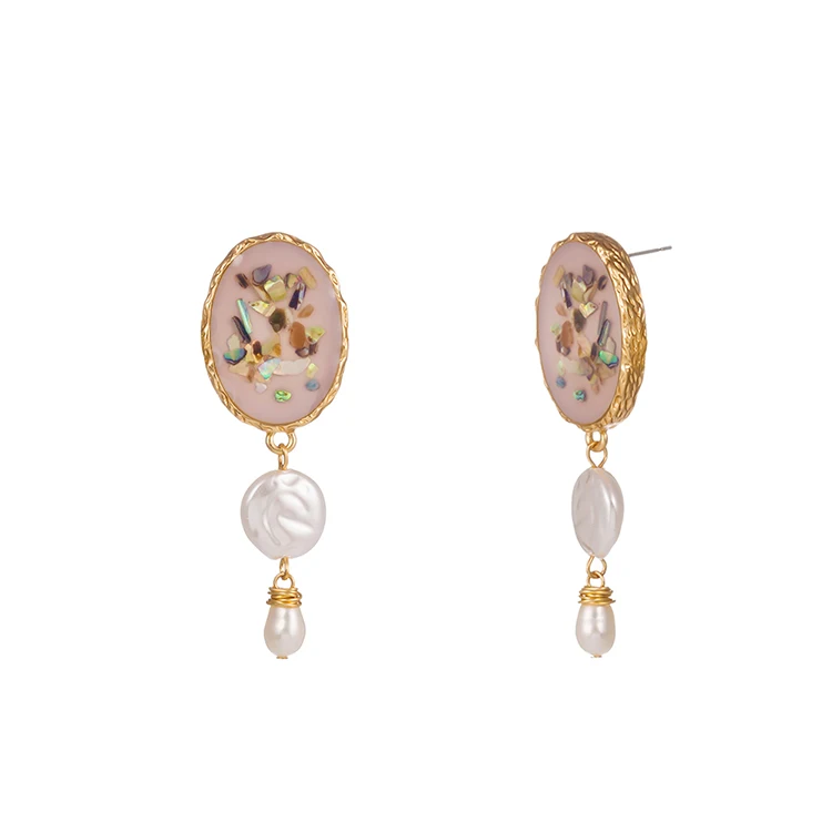 

Natural Pearl Temperament Earrings Pale Pink Enamel Shell Jewelry