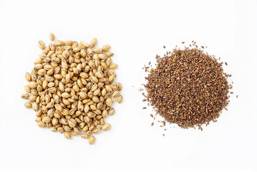 Close-up comparison of caraway seeds versus cumin seeds on white background showing visual differences