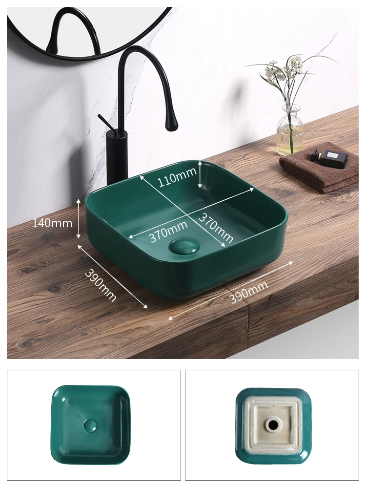 Morden style ceramic square countertop art basin green color rectangular shape hand washbasin bathroom sink details