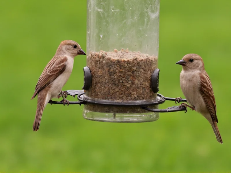 Healthy birds feeding at properly maintained DIY bird feeder