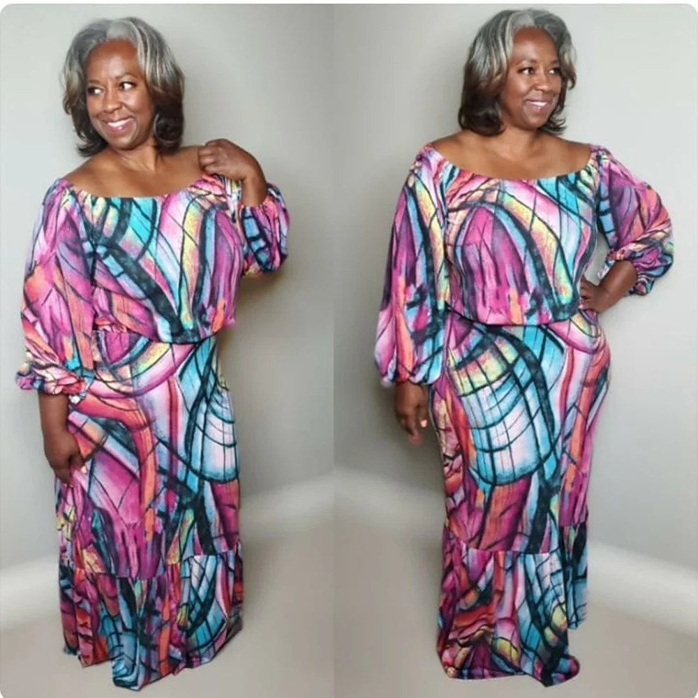 

Plus Size Off Shoulder Top Pleated Sheath Suit Women Clothing Two Piece Long Skirt Set, As picture