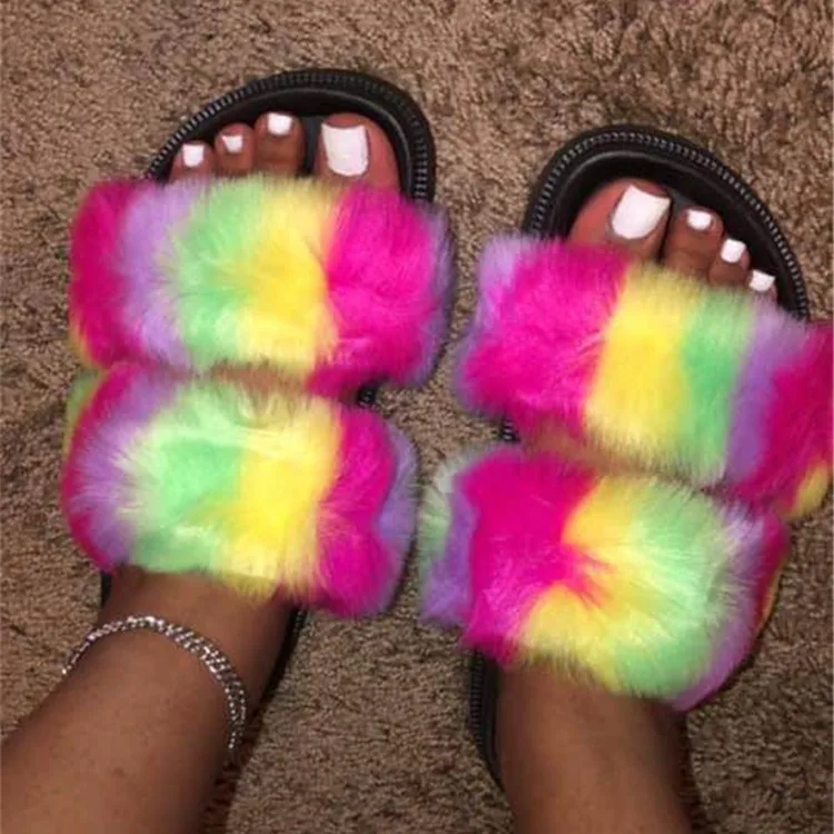 

Custom 2021 Summer Brand Double Strap Sandals PVC Trendy Women's Faux Fox Furry Slippers Platform Fur Slides for Woman, As pictures or customized colors