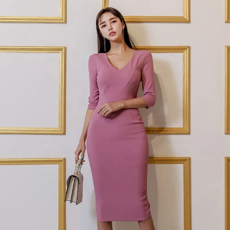 

B24607A Womens dress spring New style ladies V-neck slim pencil Dress