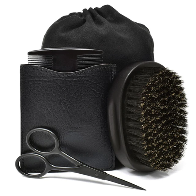 Mens grooming kit gift set private label custom boar bristle wooden beard brush wood comb set, Black