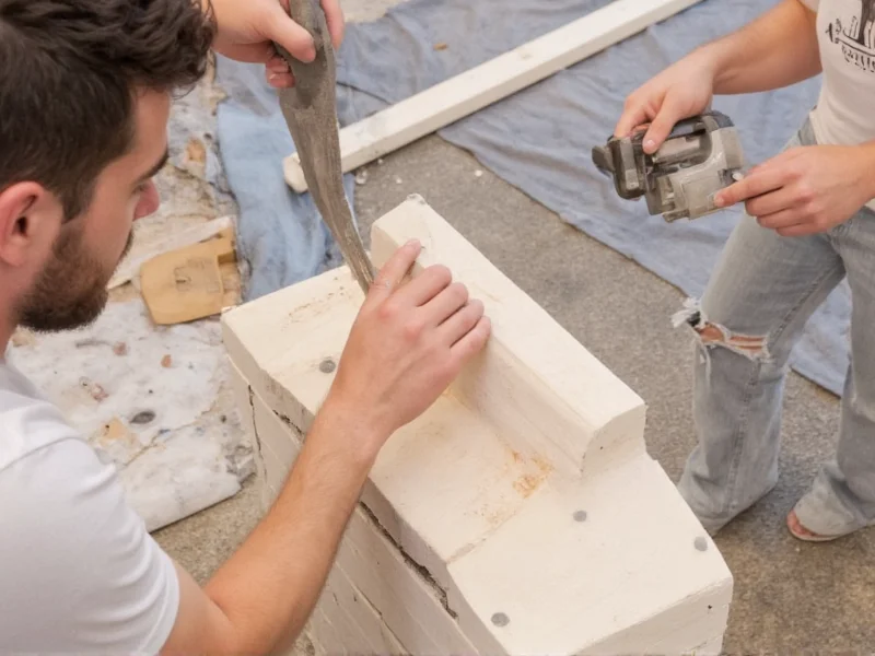 DIY chimney mantel construction process showing measuring and cutting