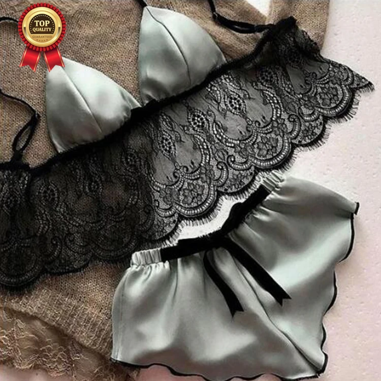 

Factory Direct Wholesale Luxury Lace Trim White Lingerie Beautiful Girl Sexy Silk Pajama Set, As photo