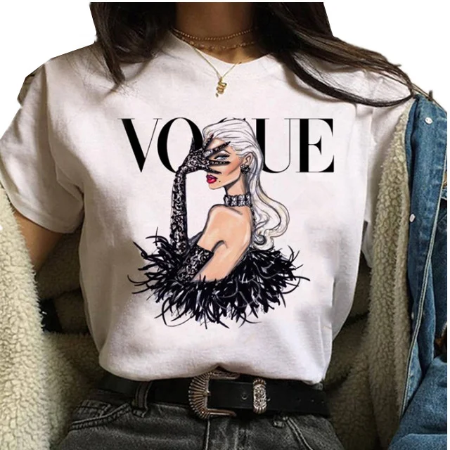 

2021 new arrivals Fashion Princess printing Vogue Ladies T-shirt Women T-shirt, Solid color