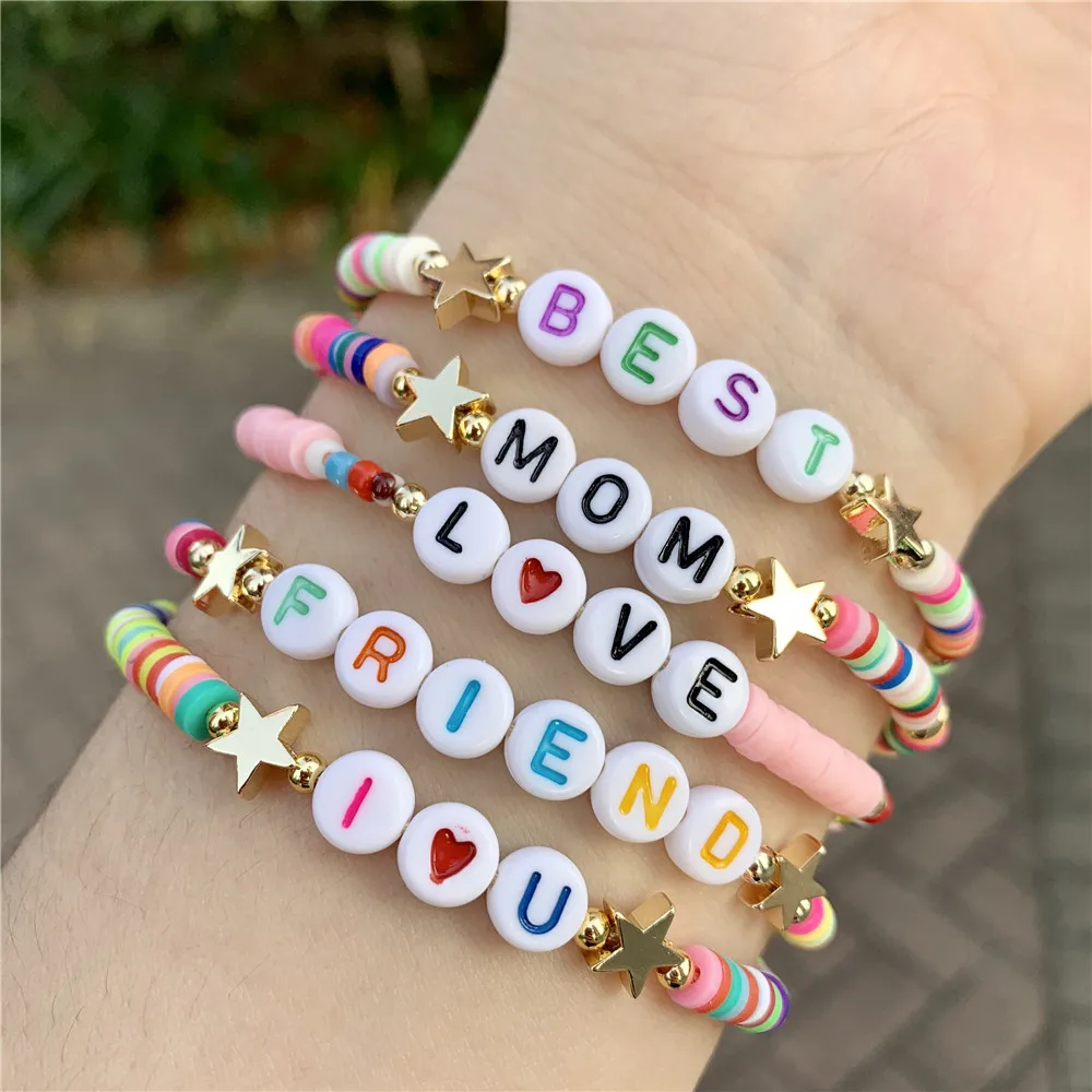 

LS-B1546 Beautiful Colorful Polymer Clay Heishi Beaded Bracelet letter charm beads fashion handmade bracelet, Assorted