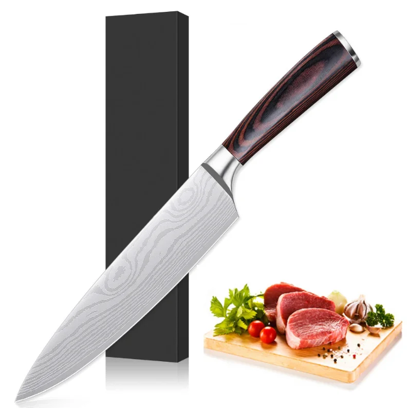 

China wholesales Professional  High Carbon 7cr17mov Stainless Steel damascus Kitchen Chef Knife with wood handle, Customized color acceptable