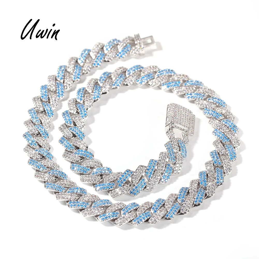 

UWIN 13mm Blue CZ Cuban Chain Choker Necklace Miami Cuban Link Chain Bling Hip Hop Rapper Men Women Jewelry, Silver, gold