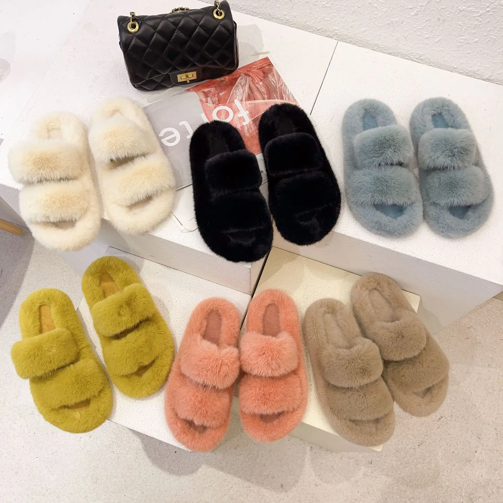 

Spot Fashion Winter Indoor Slippers Fluffy Non-Slip Women Open Toe Faux Fur Slippers, Customer's request