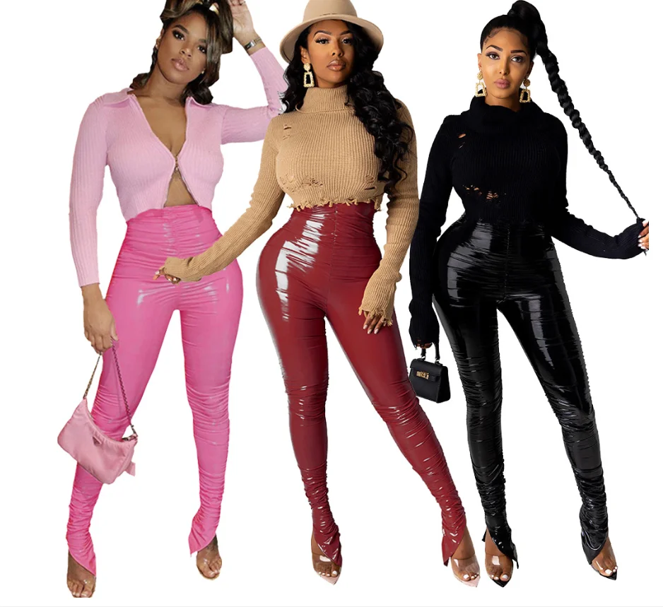 

Pink Faux Leather Stacked Pants Side Split Ruched Mid Waist Pencil Pants Autumn Women Clothing Bodycon Party Trousers